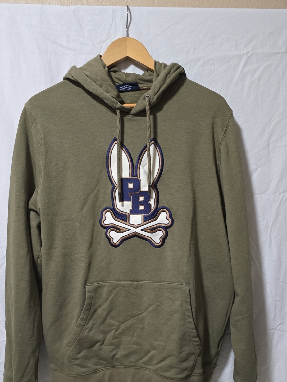 Psycho Bunny Olive Green Pullover Hoodie with Embroidered Bunny Skull